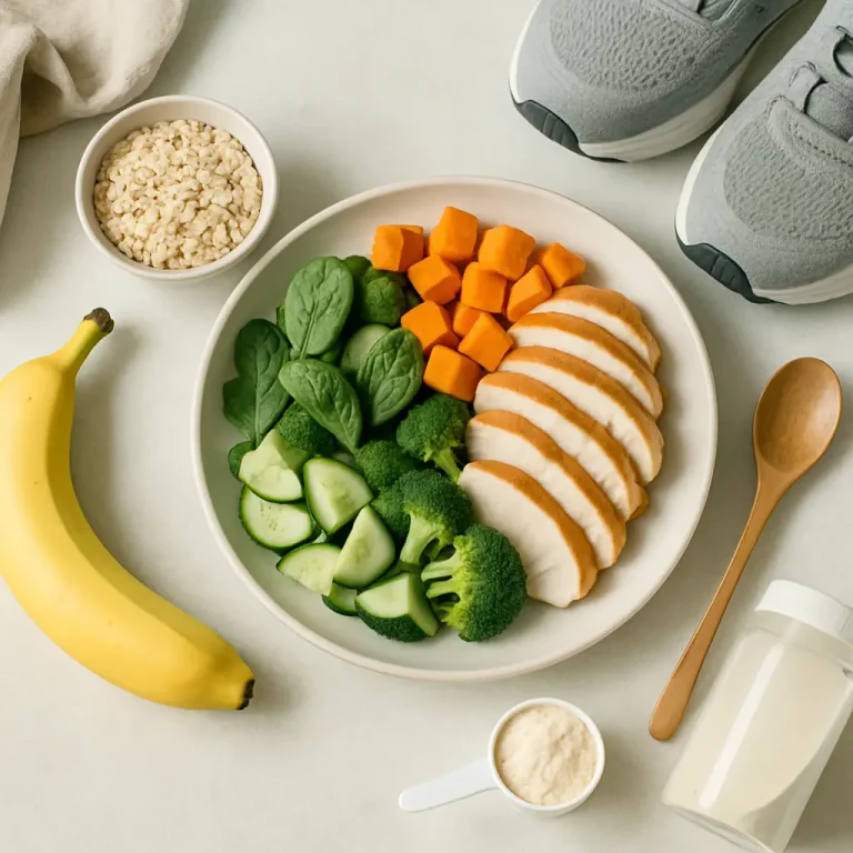 Plate with healthy foods like chicken breast, spinach, broccoli, cucumber, sweet potato, paired with a banana, oats, a scoop of protein powder, and a wellness supplement bottle, next to running shoes and a wooden spoon, symbolizing fitness and nutrition.