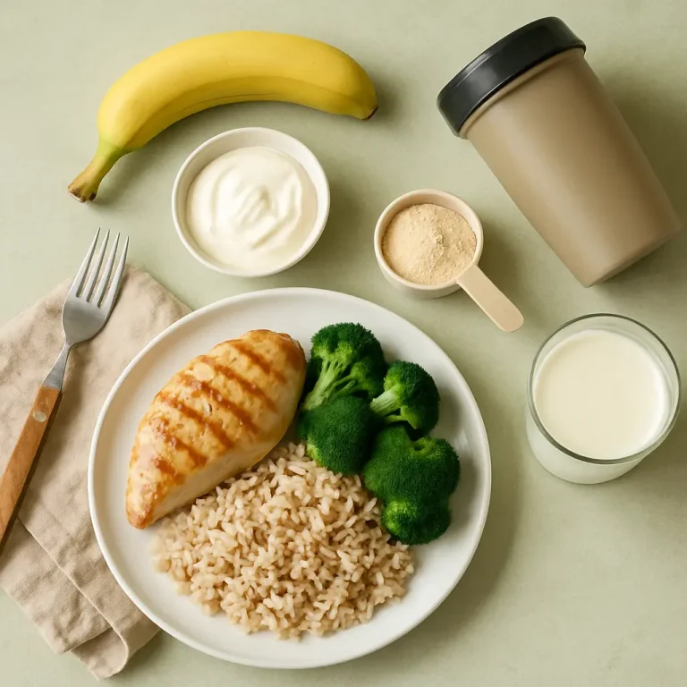 Healthy meal with grilled chicken, brown rice, and broccoli on a plate, accompanied by a banana, yogurt, protein powder, and a protein shake, symbolizing fitness and balanced nutrition.
