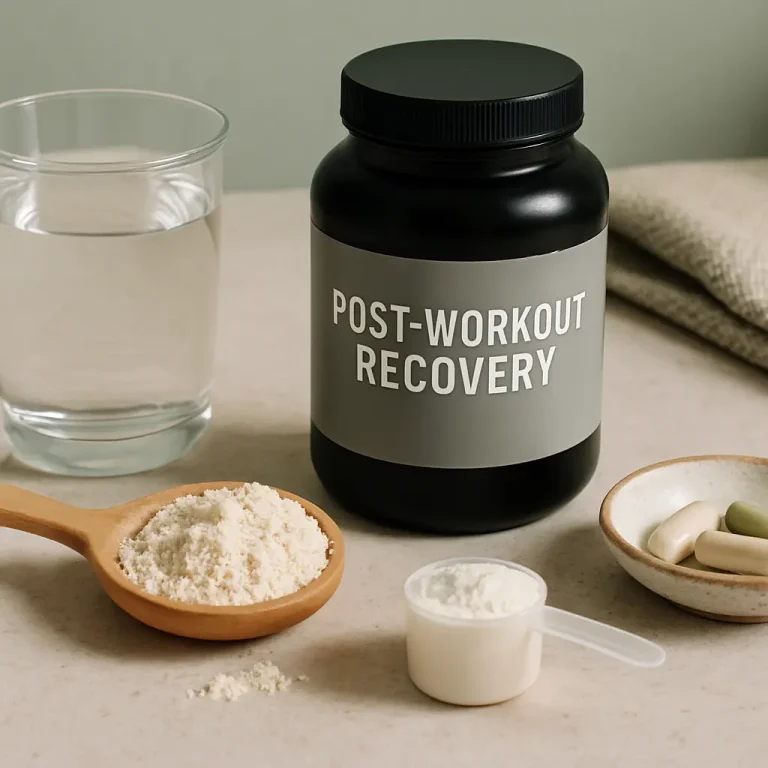 Post-workout supplement jar alongside a glass of water, a wooden spoon with powder, a measuring scoop, and a dish with various pills, emphasizing fitness recovery, vitamins, and healthy lifestyle choices.