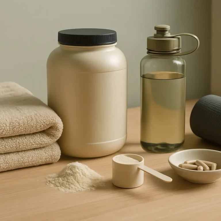 Fitness supplements and wellness items including a protein powder jar, water bottle, yoga mat, scoop of powder, capsules, and towel on a wooden table, symbolizing healthy eating and nutrition.
