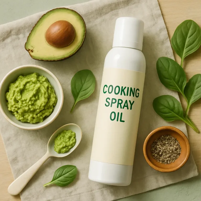 Cooking spray oil surrounded by avocado, spinach leaves, and a bowl of green guacamole, representing healthy eating and fitness nutrition.
