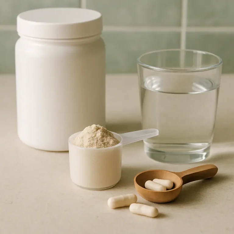 A protein supplement setup featuring a white container, a scoop of protein powder, a glass of water, and capsules, representing fitness and wellness.