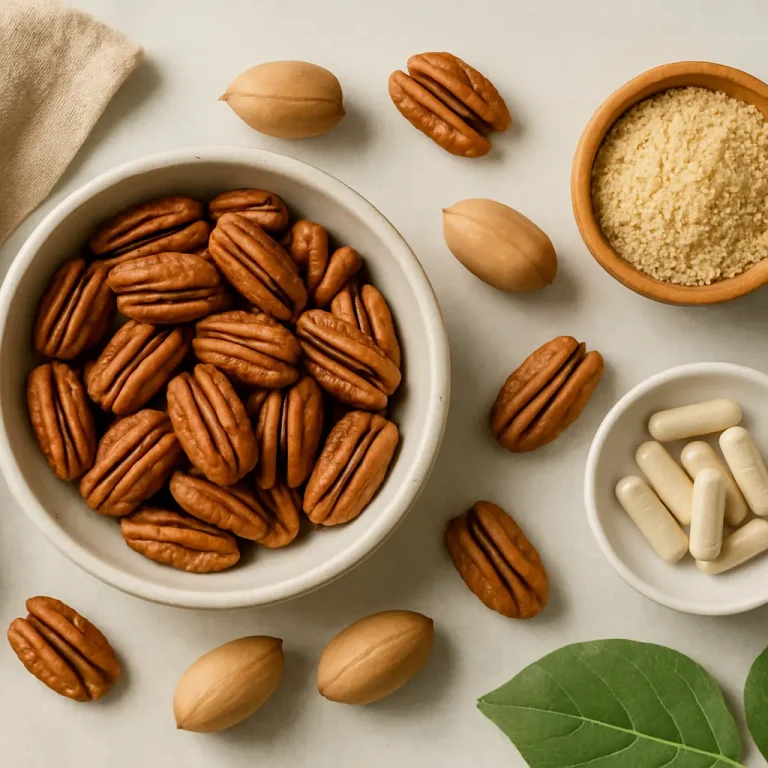 A bowl of pecans, a small bowl of powdered supplement, and capsules on a white surface, symbolizing healthy eating, nutrition, and wellness supplementation.