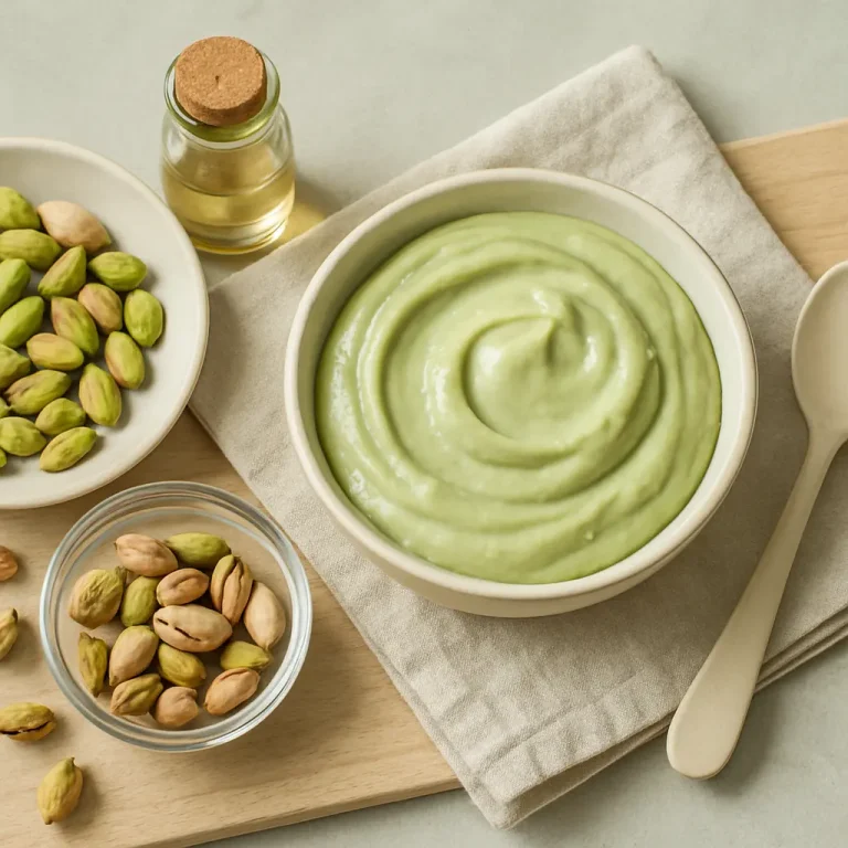 Bowl of creamy avocado yogurt accompanied by shelled and unshelled pistachios, a small bottle of oil, all arranged on a cloth napkin, promoting healthy eating, wellness, and nutrition benefits.