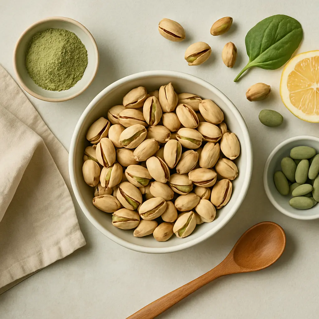 A bowl of pistachios surrounded by spinach leaf, lemon slice, green supplements, matcha powder, and wooden spoon; keywords: vitamins, supplements, fitness, wellness, healthy eating.