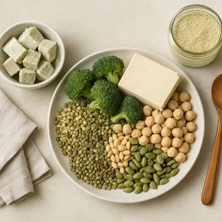 A selection of protein-rich foods including tofu, broccoli, chickpeas, lentils, and seeds, accompanied by a jar of protein powder, highlighting healthy eating, wellness, supplements, and fitness nutrition.