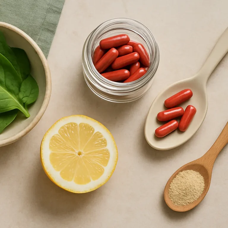 A flat lay image featuring a glass jar filled with red vitamin supplements, a halved lemon, fresh spinach leaves in a bowl, and a wooden spoon with nutritional powder, illustrating healthy eating and wellness.