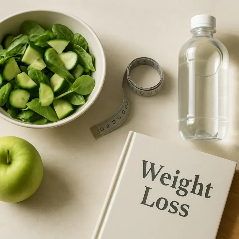 Healthy eating for weight loss, featuring a bowl of spinach and cucumber salad, a green apple, a measuring tape, a bottle of water, and a weight loss guide.