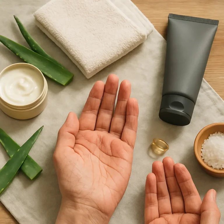 Spa setting with aloe vera leaves, a jar of cream, a black tube, a vitamin capsule, sea salt, and hands, symbolizing skincare, wellness, and healthy living.