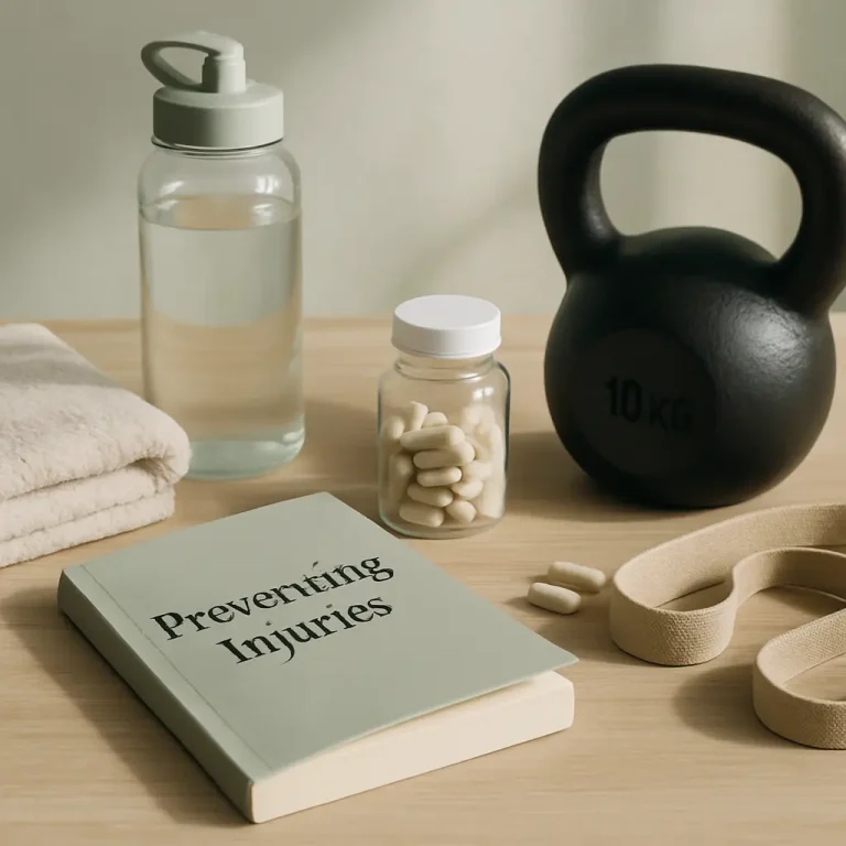 Fitness setup with a 10kg kettlebell, water bottle, jar of supplements, towel, and a book titled 'Preventing Injuries', emphasizing wellness and healthy living.