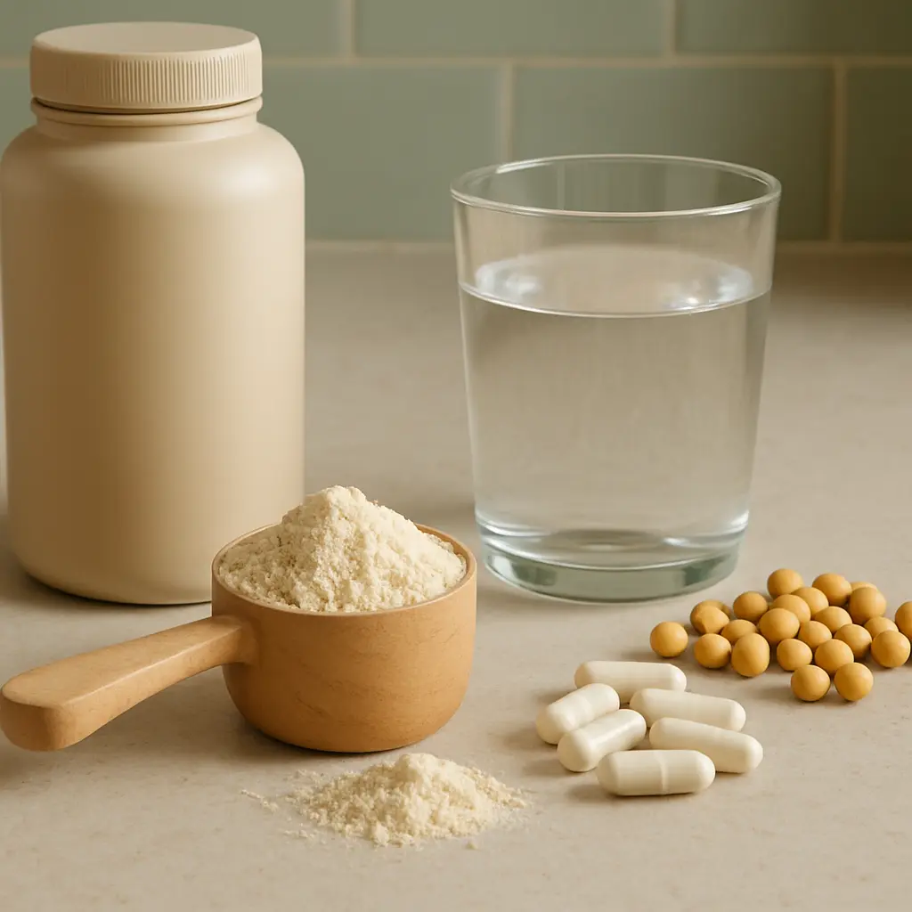 A selection of wellness and fitness supplements including a large jar, a scoop of protein powder, capsules, soybeans, and a glass of water, symbolizing healthy eating and vitamin intake.