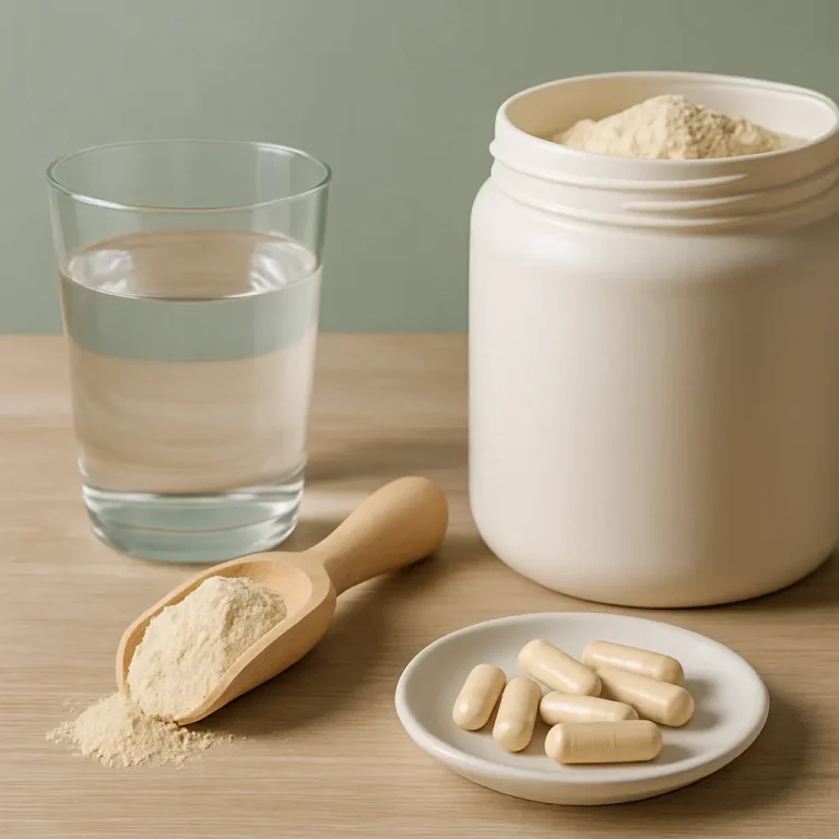 A small white plate with several beige supplement capsules, a jar of protein powder with a wooden scoop, and a glass of water, representing nutrition, vitamins, and healthy lifestyle choices.