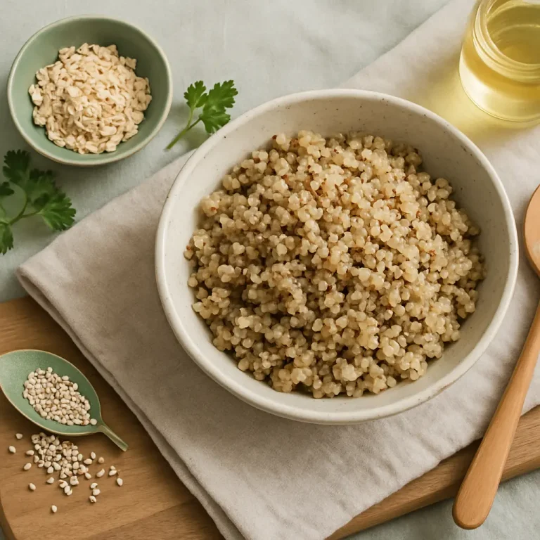 A bowl of cooked quinoa on a napkin with quinoa seeds in a spoon and a small bowl of oats nearby, symbolizing healthy eating and wellness with a focus on whole grains and nutrients.