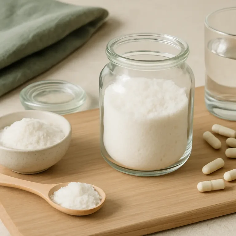 Glass jar and bowl of white powder with capsules on a wooden board, symbolizing fitness supplements, vitamins, and healthy eating.