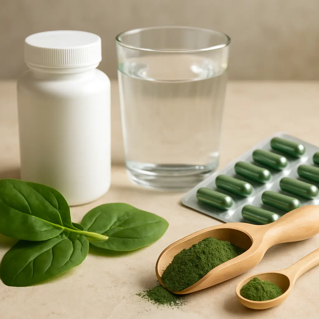 Collection of health supplements including a white bottle, glass of water, green capsules, spinach leaves, and green powder in wooden spoons, promoting vitamins, fitness, and wellness.