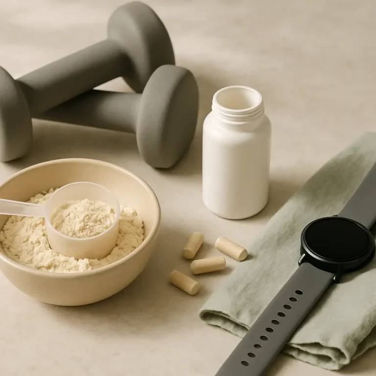 A fitness setup with dumbbells, protein powder in a bowl with a scoop, a bottle of supplements, capsules, and a smartwatch, emphasizing wellness and healthy living.