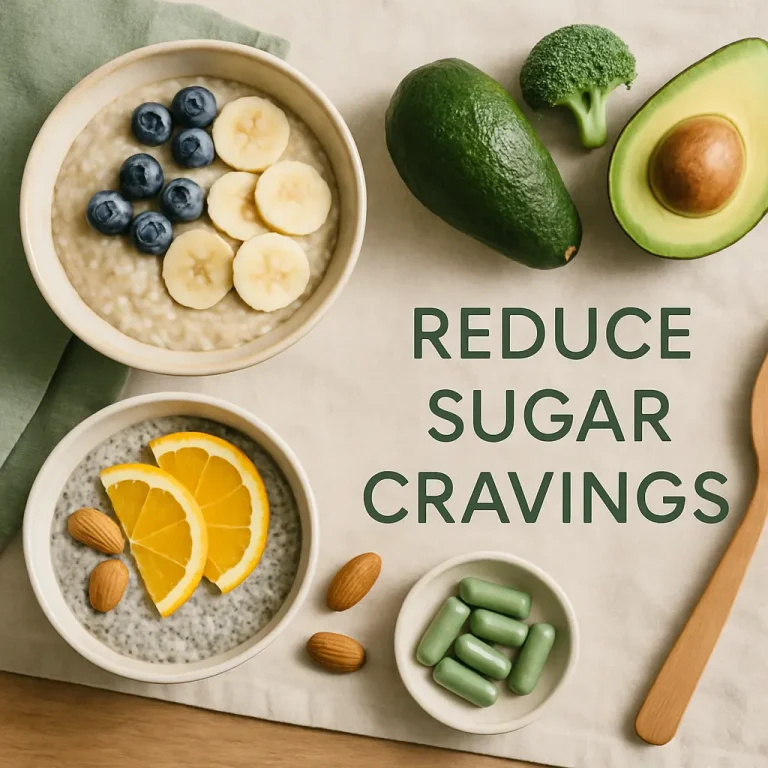 Healthy breakfast bowls with banana, blueberries, chia seeds, almonds, and oranges, next to avocados, broccoli, and green supplements, accompanied by text 'Reduce Sugar Cravings,' promoting wellness and healthy eating.
