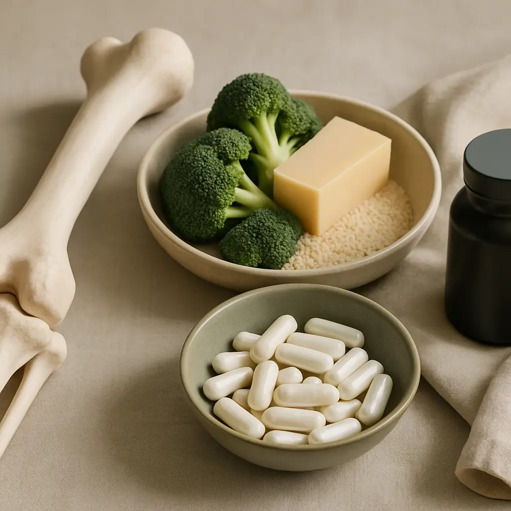 A bone, broccoli, cheese block, sesame seeds, and supplement capsules on a table, representing vitamins, supplements, and healthy eating for bone wellness.