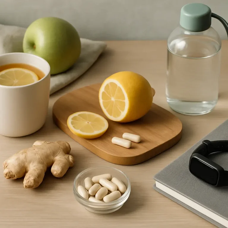 Lemon slices, ginger root, supplements, and a green apple on a table with a cup of tea and water bottle, symbolizing healthy eating, vitamins, wellness, and fitness.