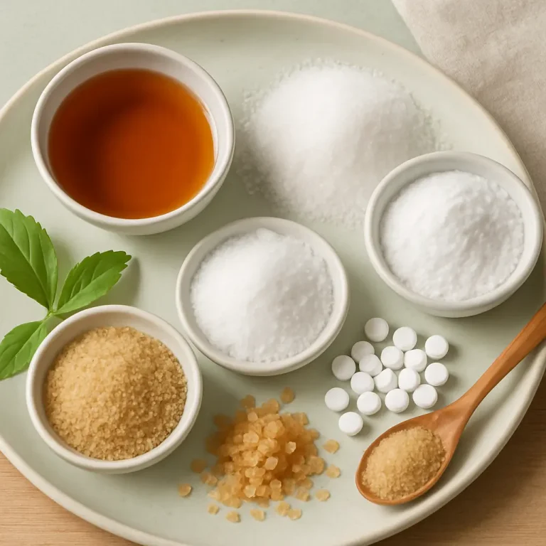 Assortment of natural sweeteners and sugar alternatives on a plate, featuring brown sugar, white sugar, syrup, crystalline sugar, tablets, and stevia leaves, highlighting wellness and healthy eating.