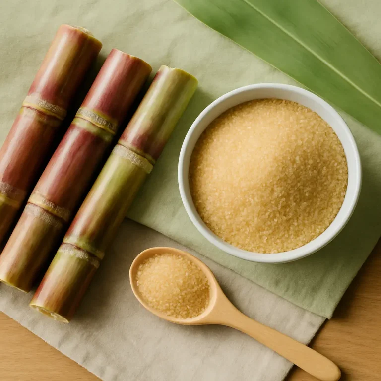 Close-up of raw sugarcane sticks, a bowl of raw sugar, and a wooden spoon, highlighting natural sugar sources and healthy eating ingredients.