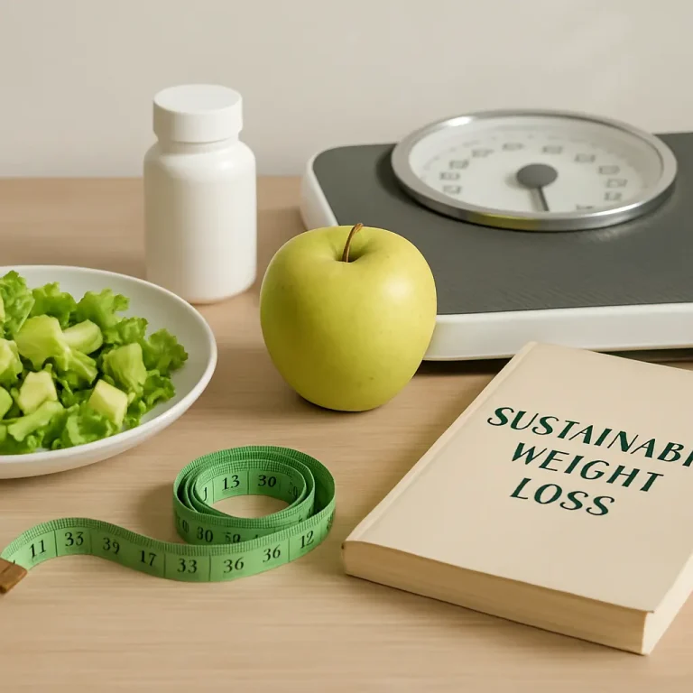 Healthy lifestyle setup featuring a bottle of supplements, a plate of fresh lettuce, a green apple, a green measuring tape, a bathroom scale, and a book titled 'Sustainable Weight Loss,' emphasizing fitness, wellness, and balanced nutrition.