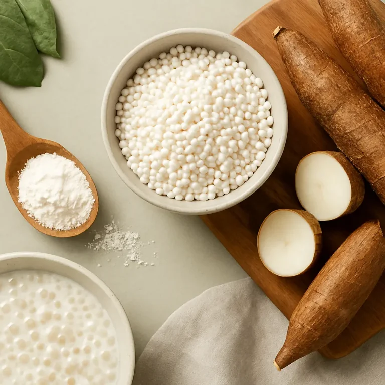 A bowl of tapioca pearls, a wooden spoon of tapioca flour, and whole cassava roots on a wooden board, representing gluten-free options for healthy eating and wellness.