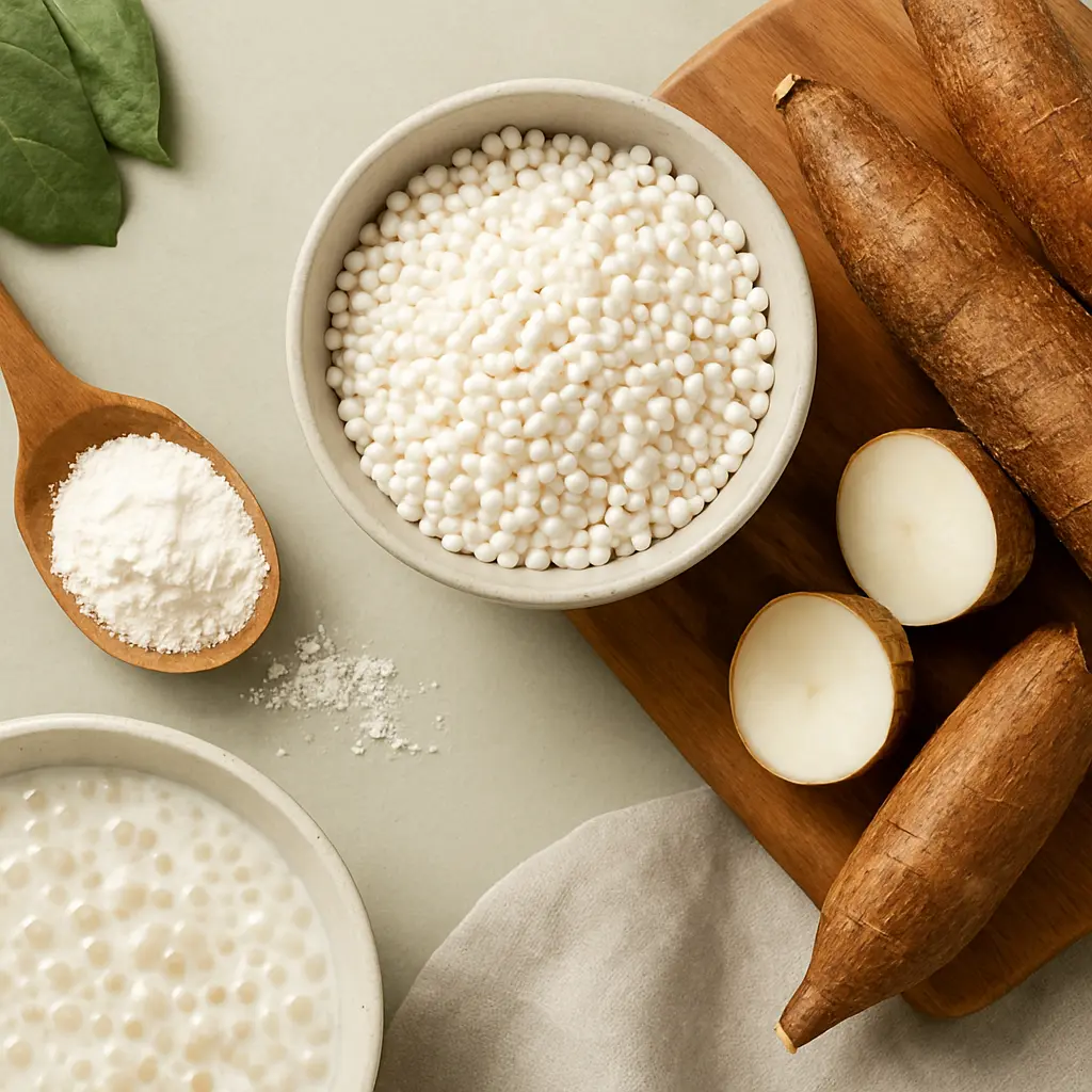 A bowl of tapioca pearls, a wooden spoon of tapioca flour, and whole cassava roots on a wooden board, representing gluten-free options for healthy eating and wellness.