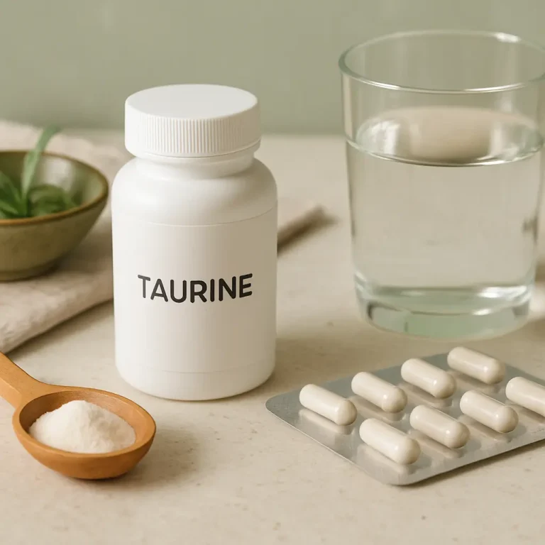 Bottle of taurine supplements with white capsules, a glass of water, and a wooden spoon with powder on a countertop, representing wellness and fitness nutrition.