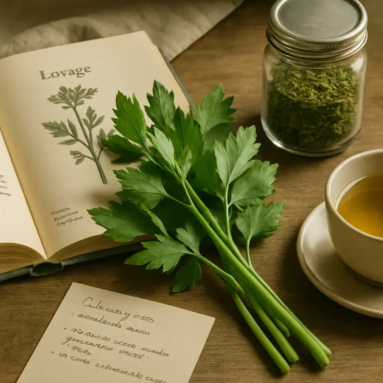 Fresh lovage herbs beside an illustrated book, a jar of dried herbs, and a cup of herbal tea, symbolizing wellness, healthy eating, and vitamin-rich supplements.