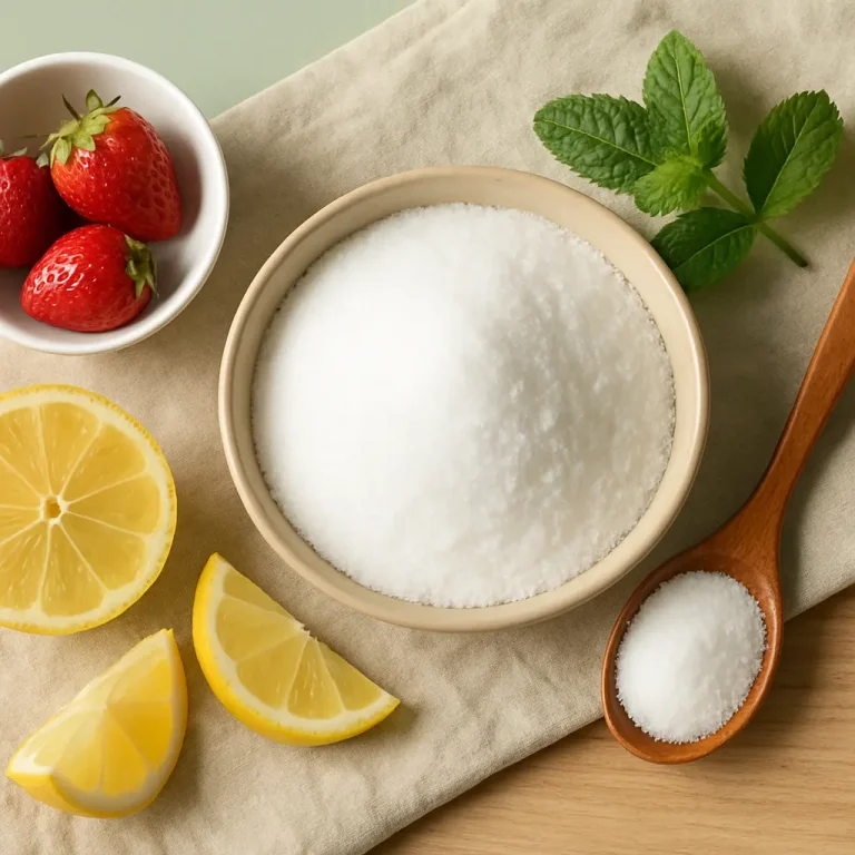 Ceramic bowl filled with white powder, surrounded by fresh strawberries, lemon slices, and mint leaves, symbolizing vitamins, supplements, and healthy eating.