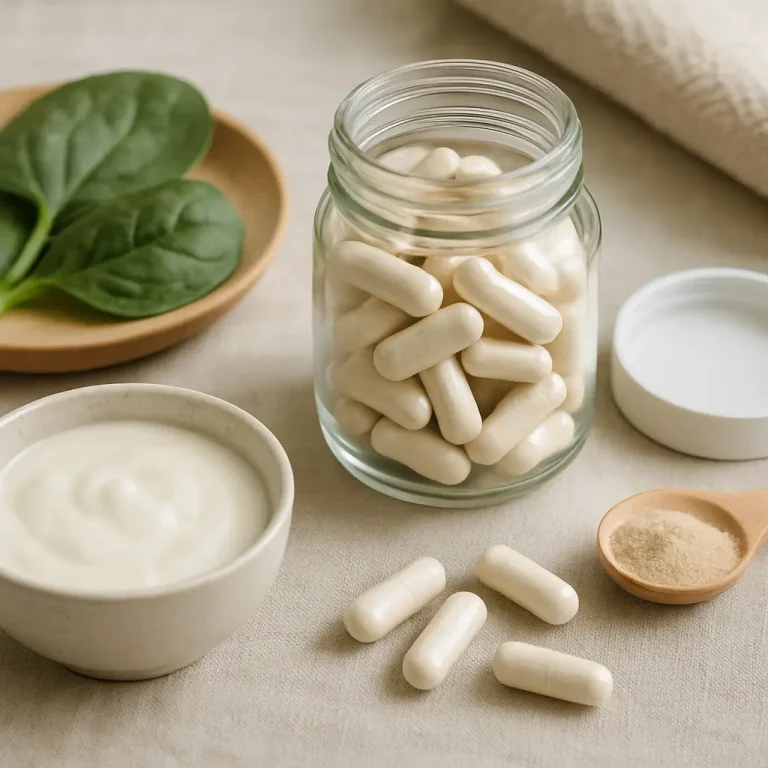 Glass jar of white capsules surrounded by fresh spinach leaves, a bowl of yogurt, and a spoonful of powder, symbolizing vitamins, supplements, fitness, wellness, and healthy eating.