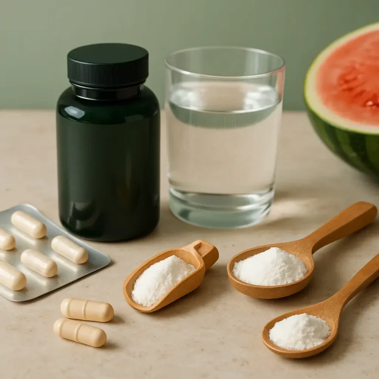 A black bottle of supplements next to a glass of clear water, scoops of white powder on wooden spoons, a blister pack with capsules, and a slice of watermelon, emphasizing vitamins, wellness, and healthy eating.