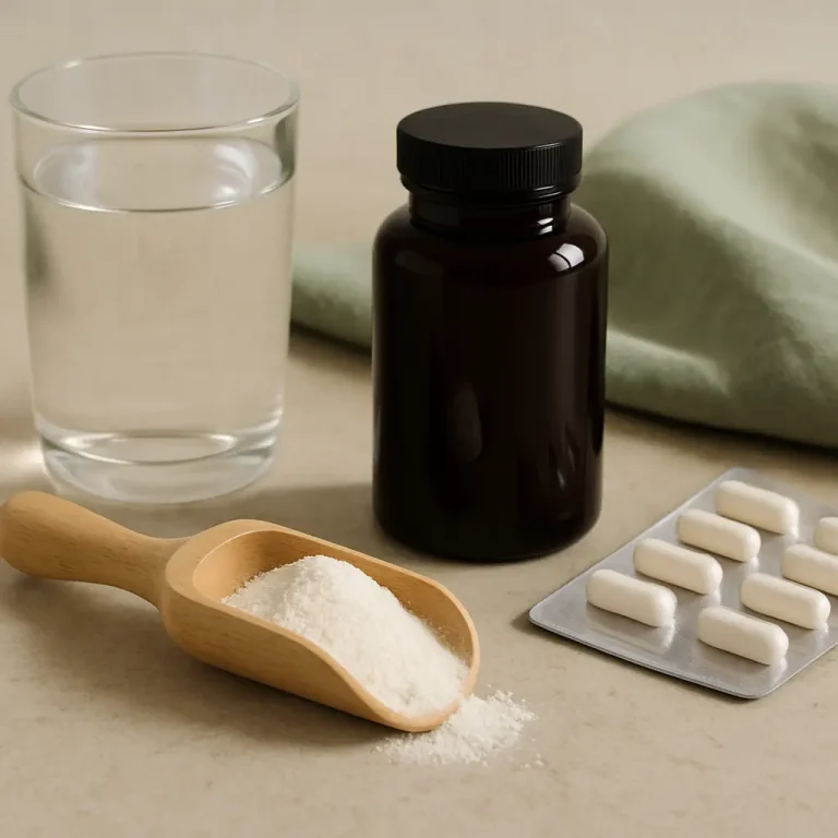 A black supplement bottle, a scoop of white powder, a glass of water, and a blister pack of pills on a beige surface, representing vitamins and healthy eating for wellness and fitness.