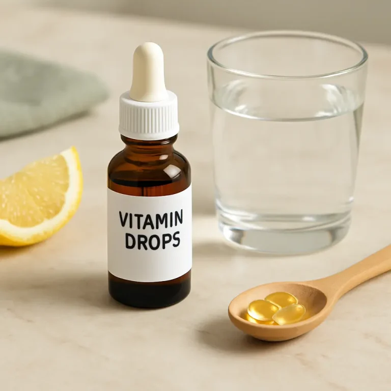 Brown bottle labeled 'Vitamin Drops' accompanied by a lemon slice, a glass of water, and a wooden spoon with yellow capsules, representing supplements and healthy eating.