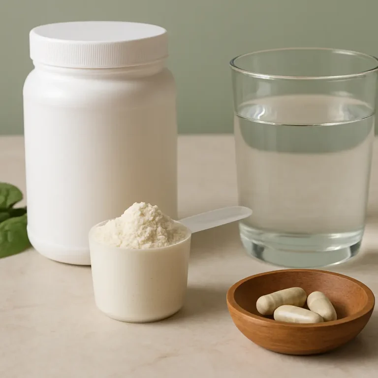 Protein supplement powder in a scoop alongside capsules and a glass of water, promoting fitness, wellness, and healthy eating.