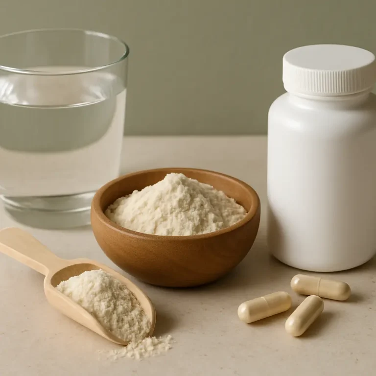 A wooden bowl filled with white protein powder, a glass of water, a white supplement bottle, and several capsules on a countertop, emphasizing vitamins, fitness, and healthy lifestyle.
