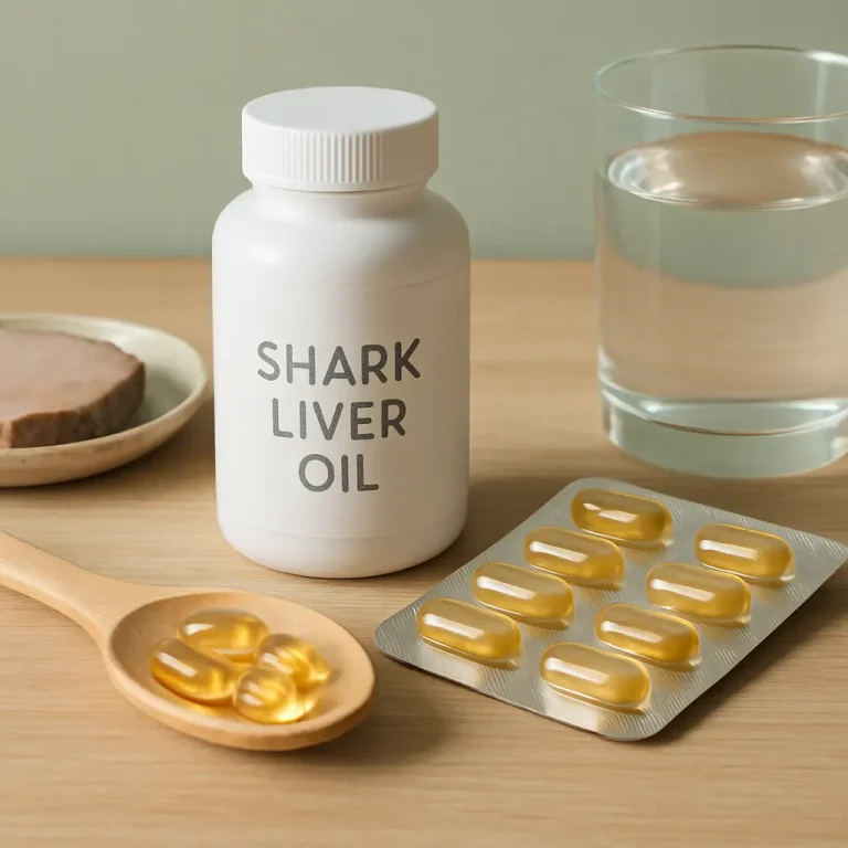 Shark liver oil supplement bottle with capsules on a wooden spoon and a blister pack, beside a glass of water, promoting wellness and healthy living.