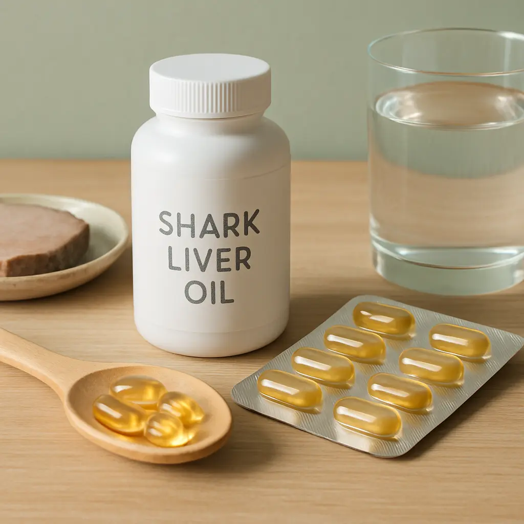 Shark liver oil supplement bottle with capsules on a wooden spoon and a blister pack, beside a glass of water, promoting wellness and healthy living.