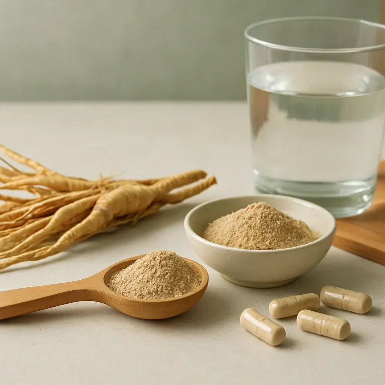 A selection of dietary supplements including ginseng roots, a bowl of powdered supplement, capsules, and a glass of water, highlighting wellness and fitness benefits.