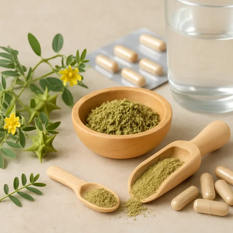 Herbal supplement capsules, green powder in a bowl, and fresh plant, emphasizing natural wellness and healthy eating.