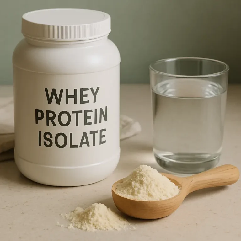 A container of whey protein isolate, a scoop of protein powder, and a glass of water on a countertop symbolize fitness, supplements, and healthy eating.