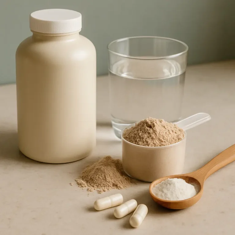 A protein powder scoop alongside a container, capsules, and a glass of water, symbolizing fitness, wellness, and healthy eating supplements.