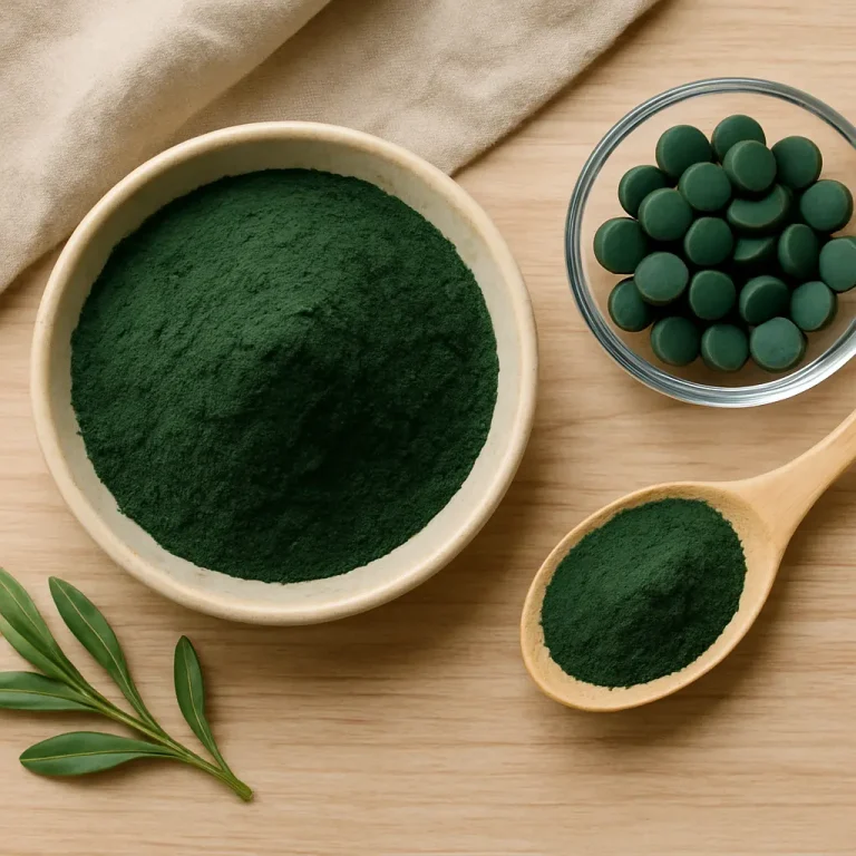 Green spirulina powder in a bowl and a wooden spoon, alongside spirulina tablets in a glass dish, representing superfood supplements and healthy nutrition for wellness and fitness.