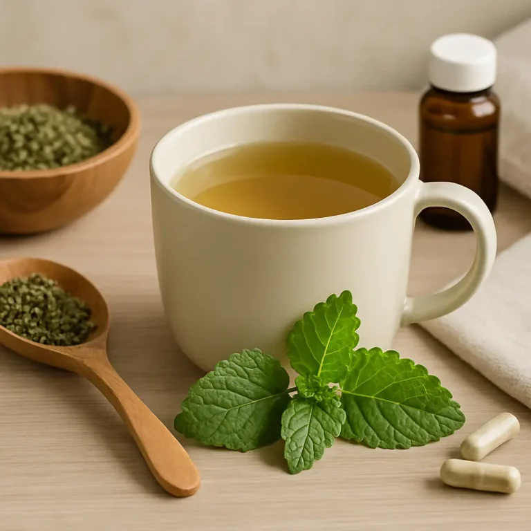 Cup of herbal tea surrounded by fresh mint leaves, capsules, a spoonful of dried herbs, and a small bottle, emphasizing wellness, vitamins, and healthy eating.