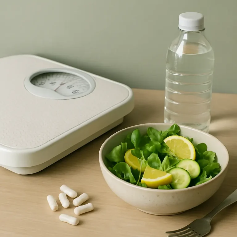 A wooden table with a bowl of fresh salad containing lettuce, lemon slices, and cucumber, next to a bottle of water, white pills representing supplements, and a bathroom scale, embodying healthy eating and wellness.