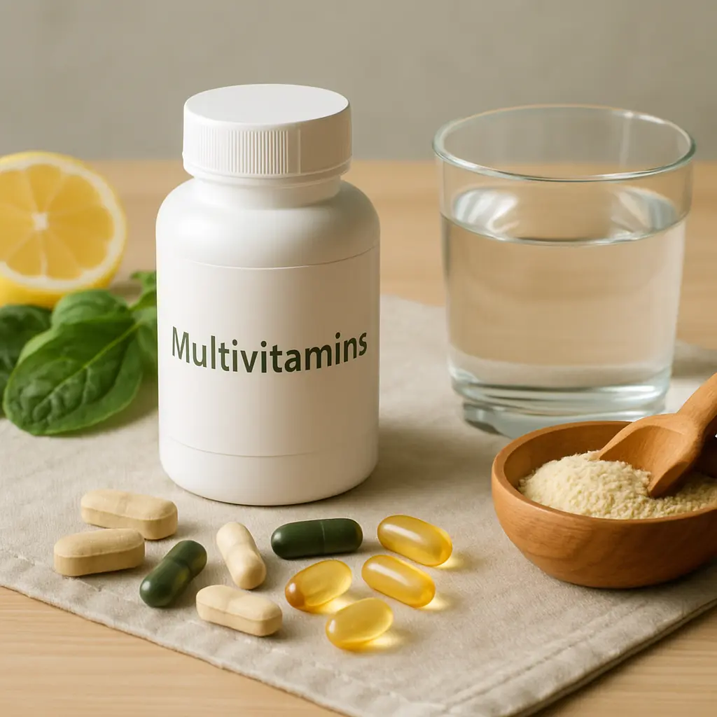 A white bottle labeled 'Multivitamins' surrounded by various supplements, a slice of lemon, fresh spinach leaves, a glass of water, and a wooden bowl with powder, emphasizing wellness, healthy eating, and fitness.