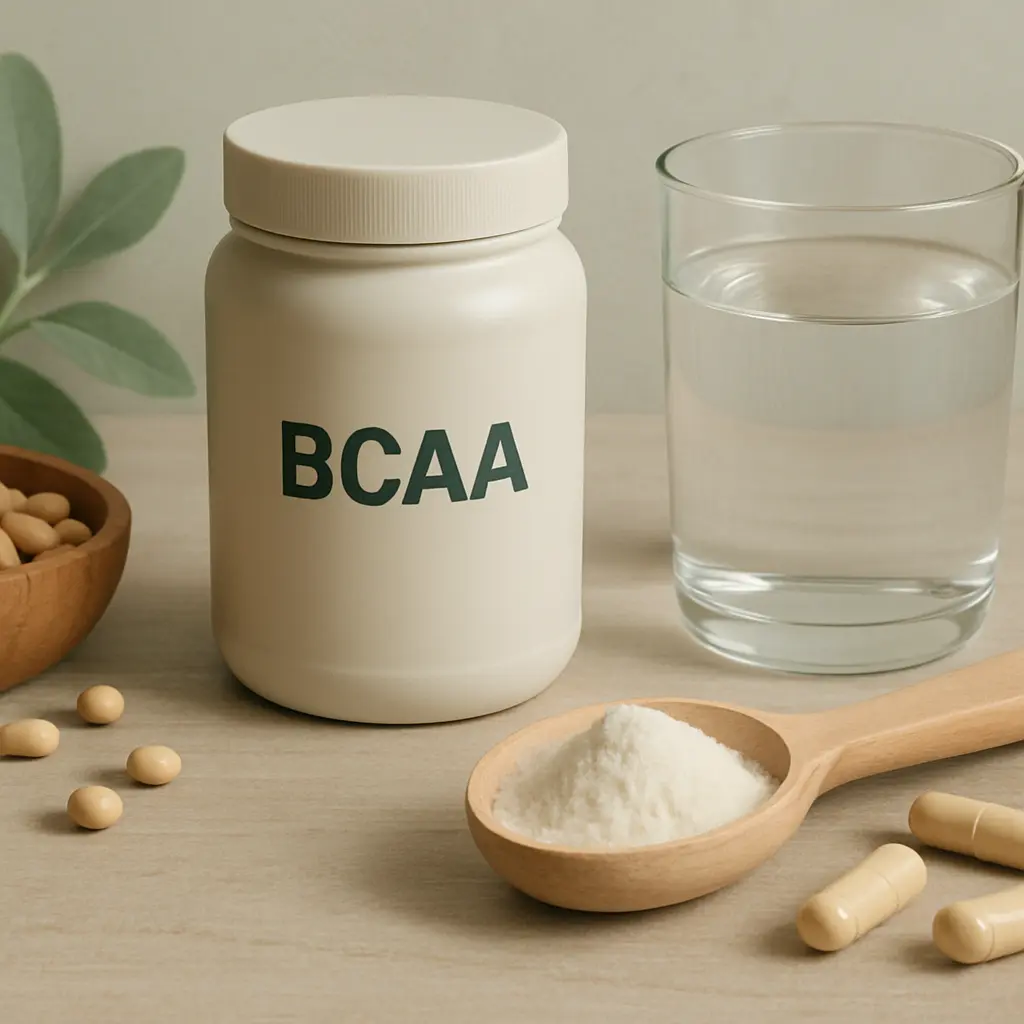 BCAA supplement container alongside a wooden spoon with powder, capsules, a glass of water, and a bowl of soybeans, highlighting fitness, wellness, and healthy eating.