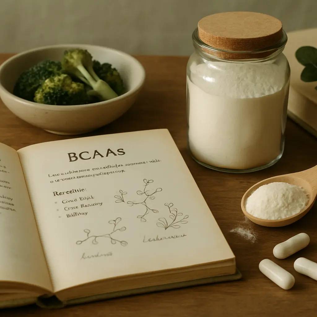 Open book displaying BCAAs information alongside a jar of white powder, a bowl of broccoli, and capsules, emphasizing supplements, fitness, and healthy eating.