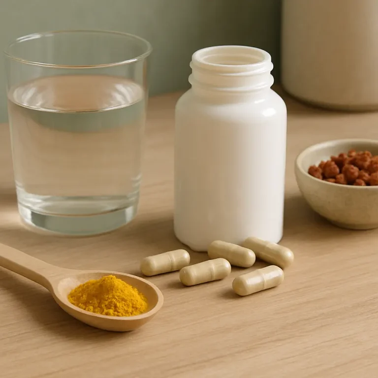 A glass of water, a white supplement bottle, capsules, a spoon of turmeric powder, and a bowl of dried berries on a wooden table, representing vitamins, supplements, healthy eating, and wellness.